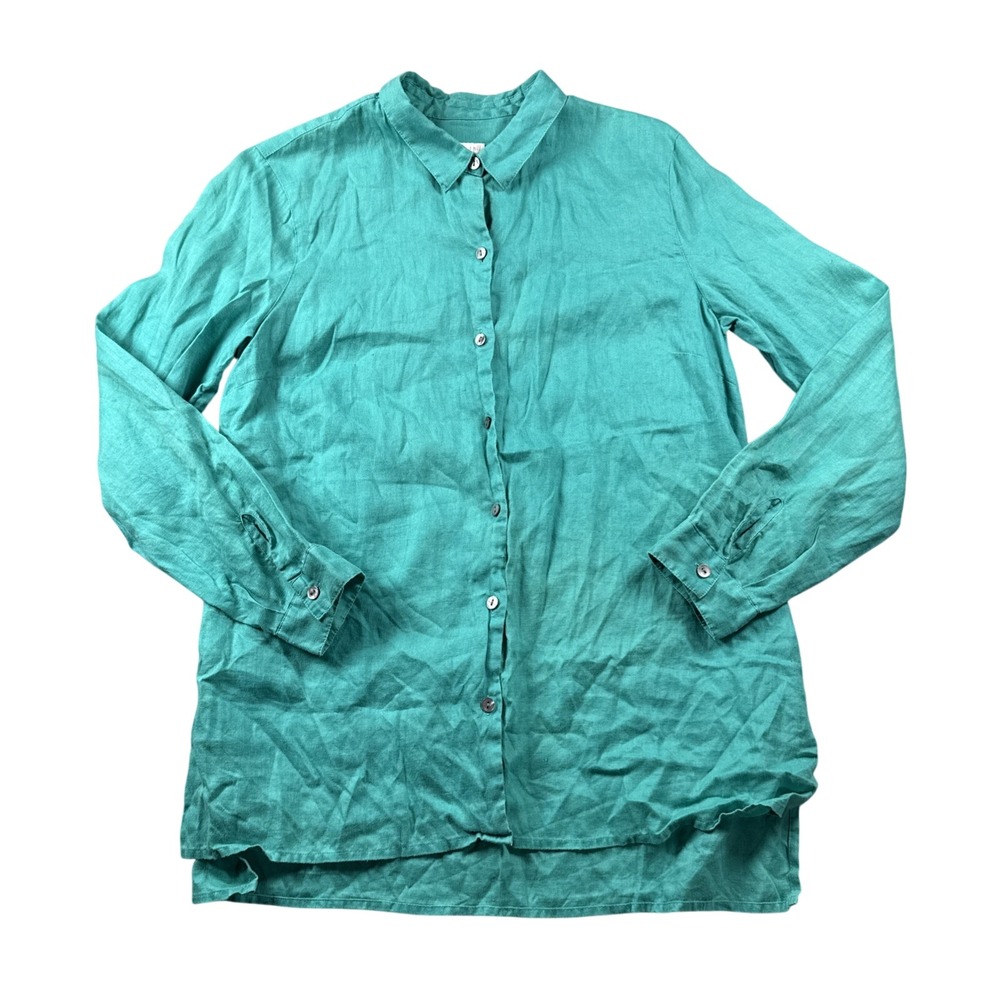 J Jill Love Linen Top Womens M Green Essential Shirt Button Up Coastal Resort - Picture 1 of 12